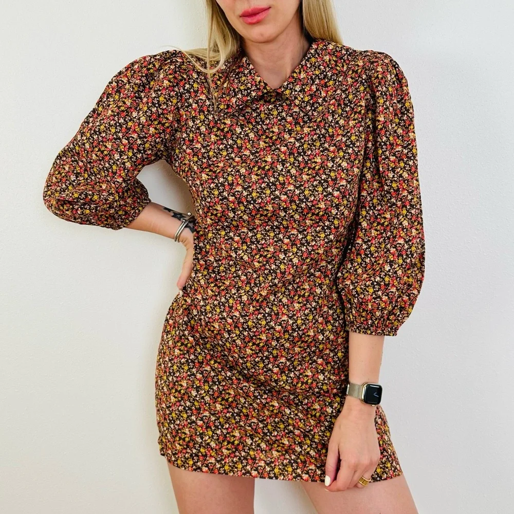 Free People Making Plans Floral Boho Point Colar Mini Dress